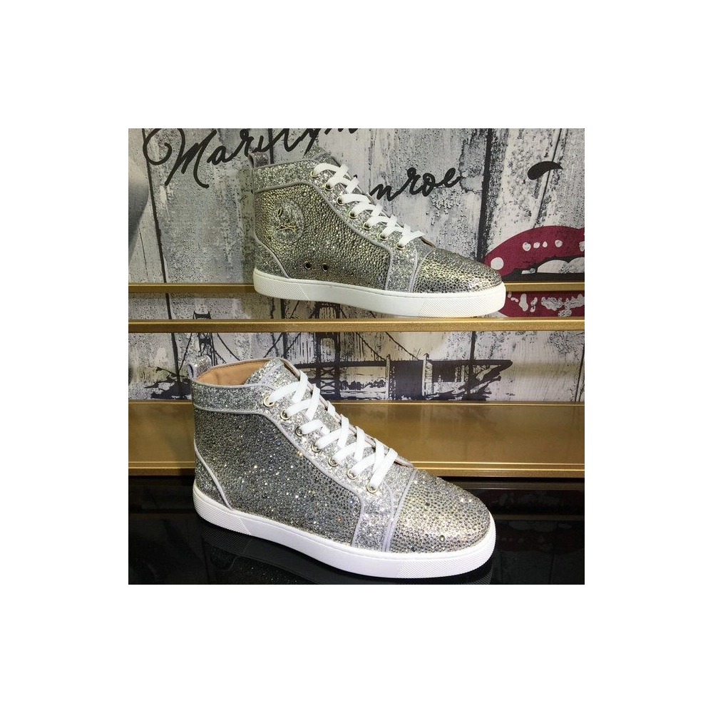 Fake Christian Louboutin Louis Strass High-Top Sneakers Suede and Glitter Leather Silver