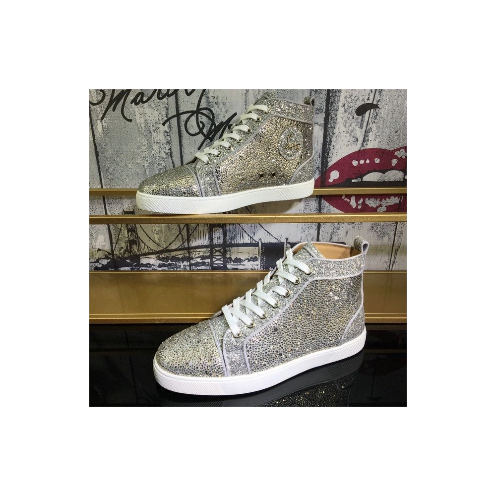 Fake Christian Louboutin Louis Strass High-Top Sneakers Suede and Glitter Leather Silver