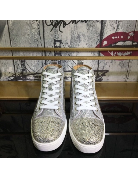 Fake Christian Louboutin Louis Strass High-Top Sneakers Suede and Glitter Leather Silver