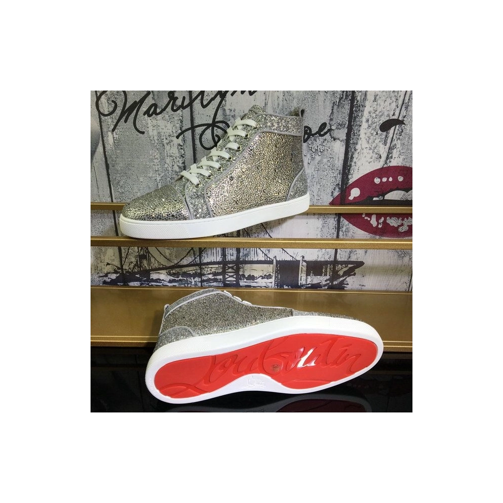 Fake Christian Louboutin Louis Strass High-Top Sneakers Suede and Glitter Leather Silver