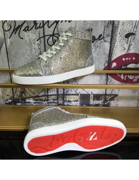 Fake Christian Louboutin Louis Strass High-Top Sneakers Suede and Glitter Leather Silver