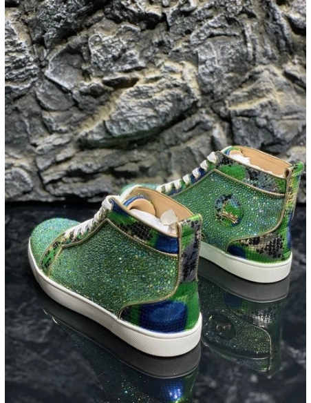 Cheap Christian Louboutin Louis Strass High-Top Sneakers Python Roccia Electric Green on Sale
