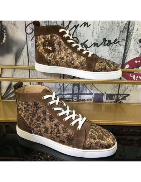 Cheap Christian Louboutin Louis Strass High-Top Sneakers Suede Leather Version Moka