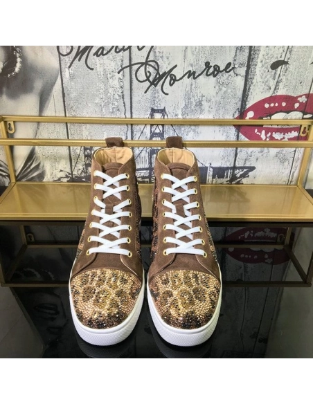 Cheap Christian Louboutin Louis Strass High-Top Sneakers Suede Leather Version Moka