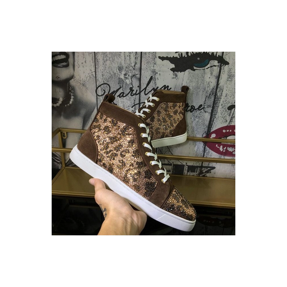 Cheap Christian Louboutin Louis Strass High-Top Sneakers Suede Leather Version Moka