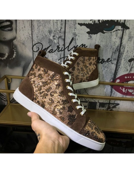 Cheap Christian Louboutin Louis Strass High-Top Sneakers Suede Leather Version Moka