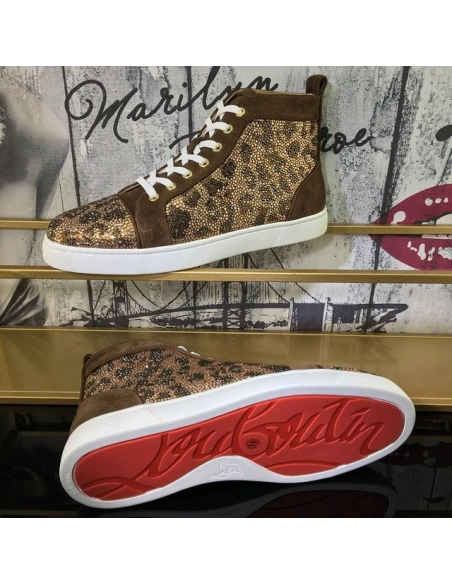 Cheap Christian Louboutin Louis Strass High-Top Sneakers Suede Leather Version Moka