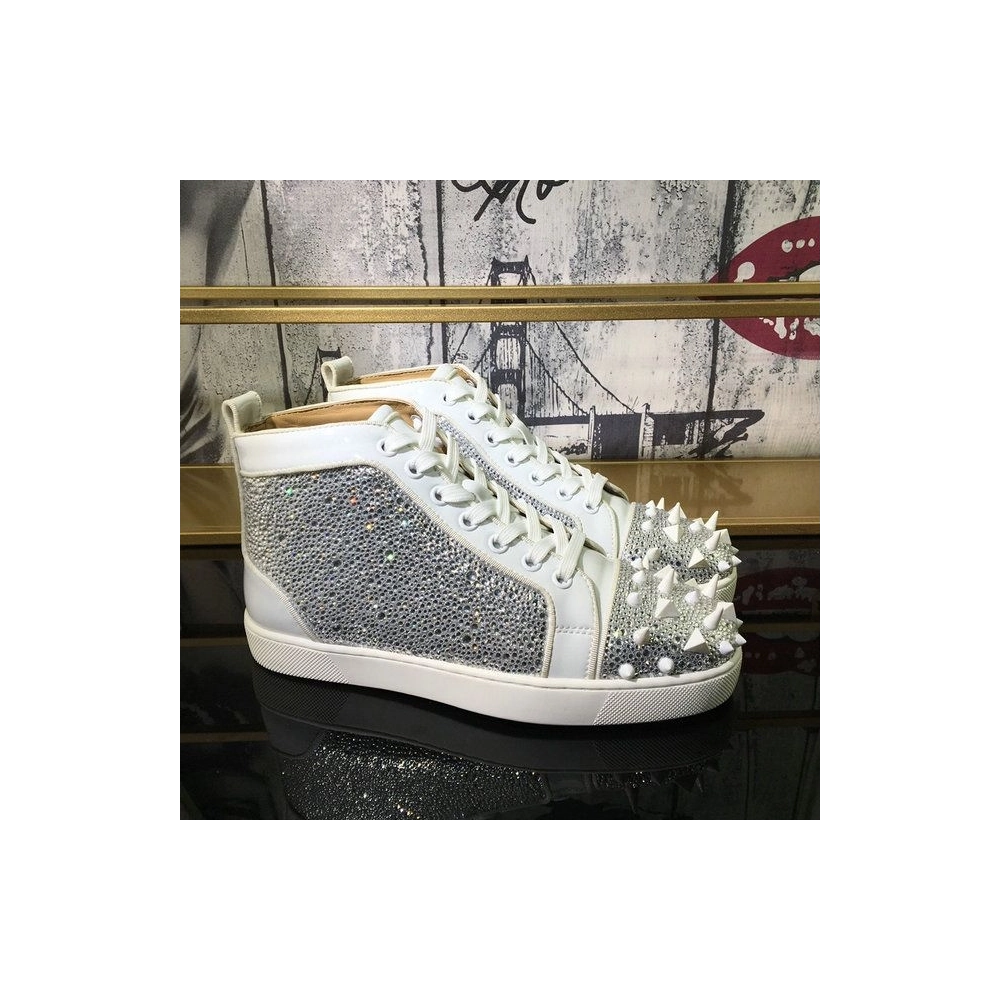 Replica Christian Louboutin Lou Pik Pik Strass High-Top Men Sneakers Calfskin White