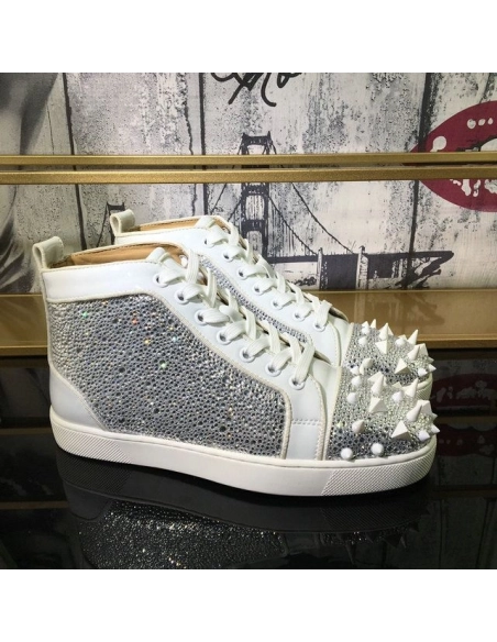 Replica Christian Louboutin Lou Pik Pik Strass High-Top Men Sneakers Calfskin White