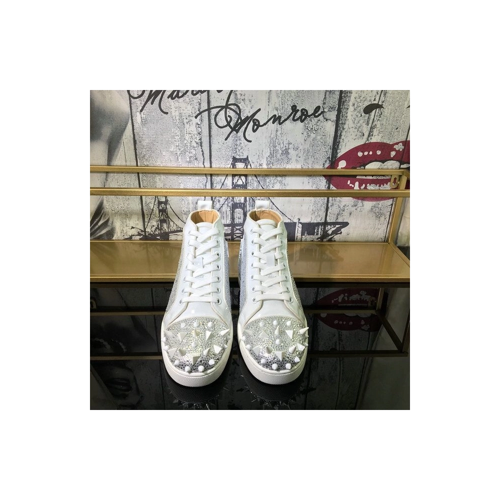 Replica Christian Louboutin Lou Pik Pik Strass High-Top Men Sneakers Calfskin White
