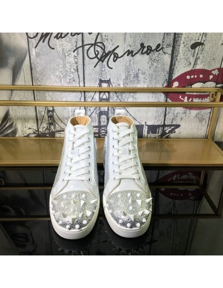 Replica Christian Louboutin Lou Pik Pik Strass High-Top Men Sneakers Calfskin White