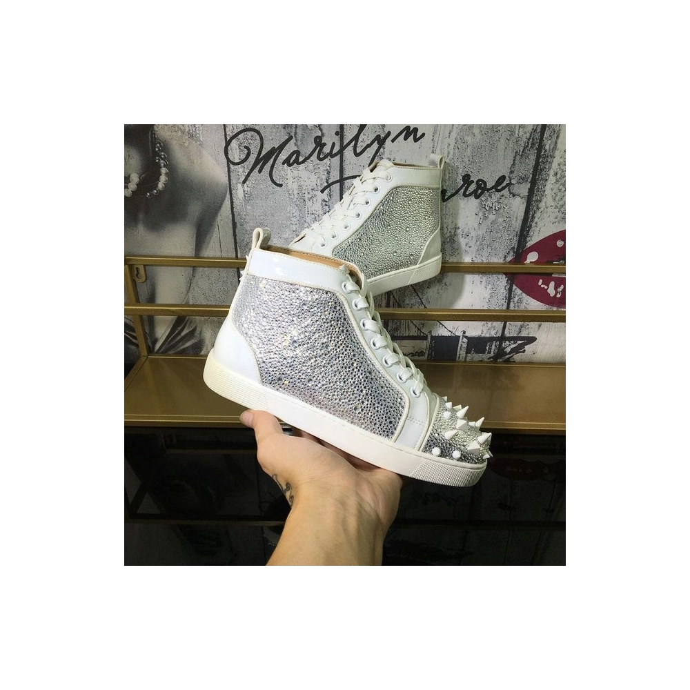 Replica Christian Louboutin Lou Pik Pik Strass High-Top Men Sneakers Calfskin White
