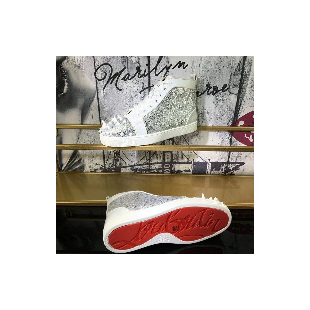 Replica Christian Louboutin Lou Pik Pik Strass High-Top Men Sneakers Calfskin White
