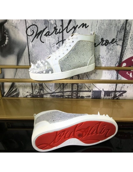 Replica Christian Louboutin Lou Pik Pik Strass High-Top Men Sneakers Calfskin White