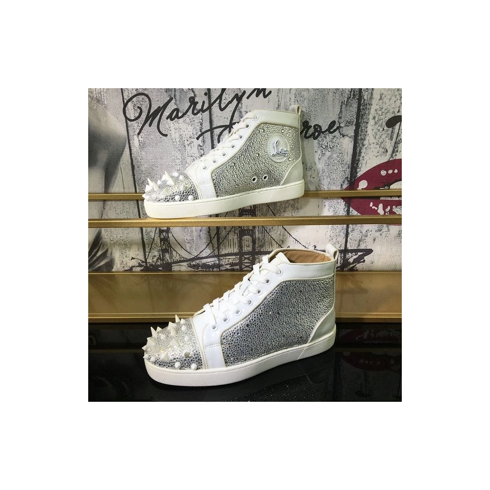 Replica Christian Louboutin Lou Pik Pik Strass High-Top Men Sneakers Calfskin White