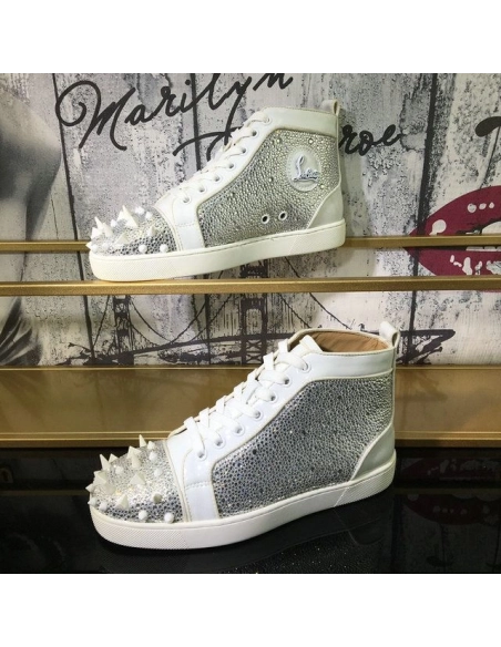 Replica Christian Louboutin Lou Pik Pik Strass High-Top Men Sneakers Calfskin White