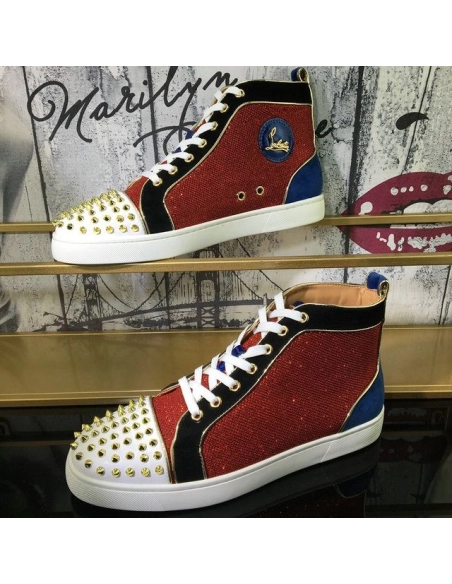 Knockoff Christian Louboutin Louis Spikes High-Top Sneakers Suede and Glitter Leather Multicolor