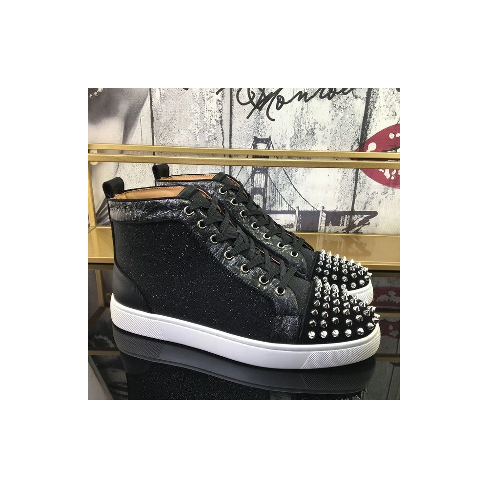 Fake Christian Louboutin Lou Spikes Orlato High-top Sneakers Nubuck And Leather Black White