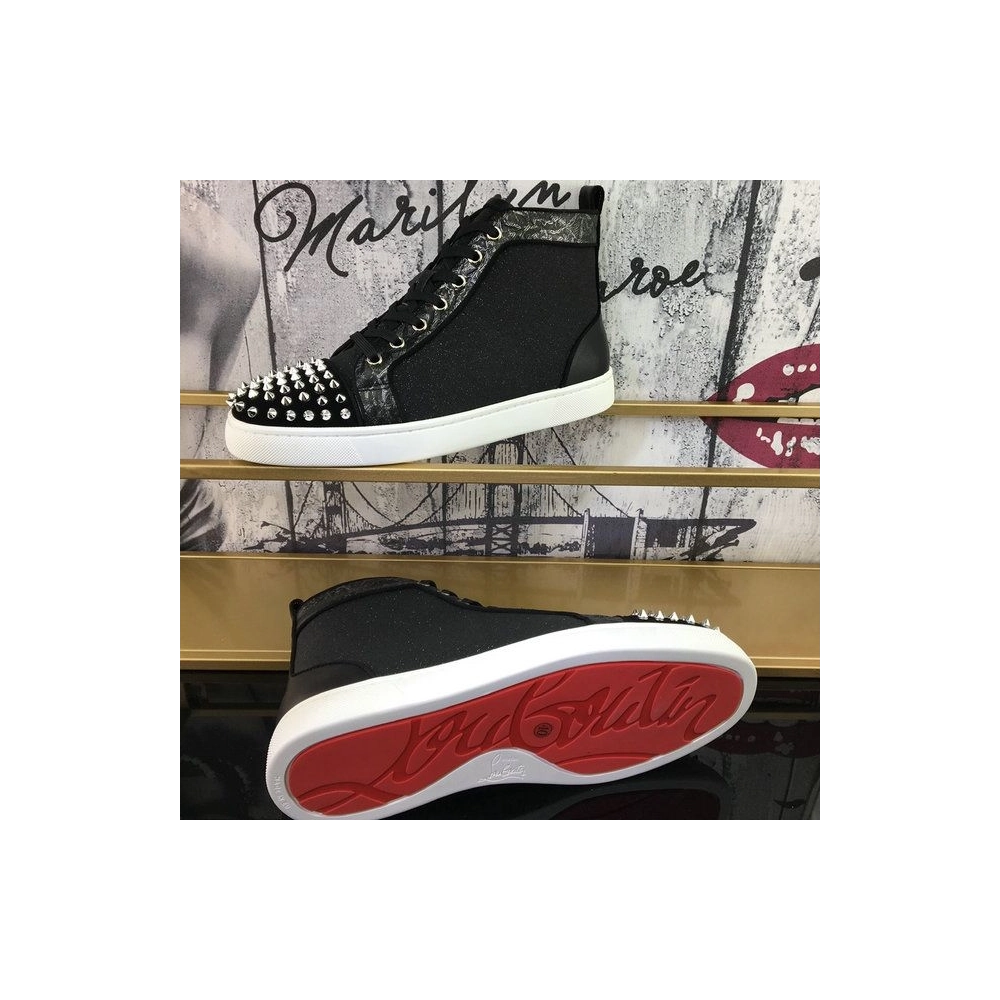 Fake Christian Louboutin Lou Spikes Orlato High-top Sneakers Nubuck And Leather Black White