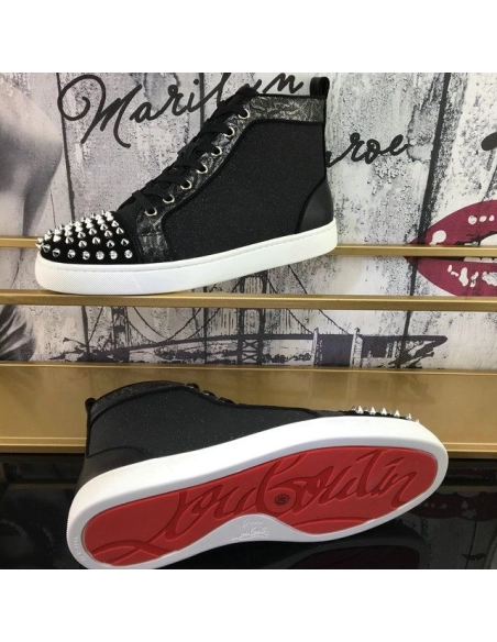 Fake Christian Louboutin Lou Spikes Orlato High-top Sneakers Nubuck And Leather Black White