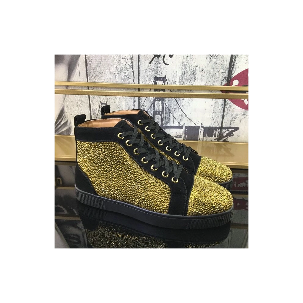 Discount Christian Louboutin Louis Strass Sneakers Suede Calf And Strass Black Gold Outlet