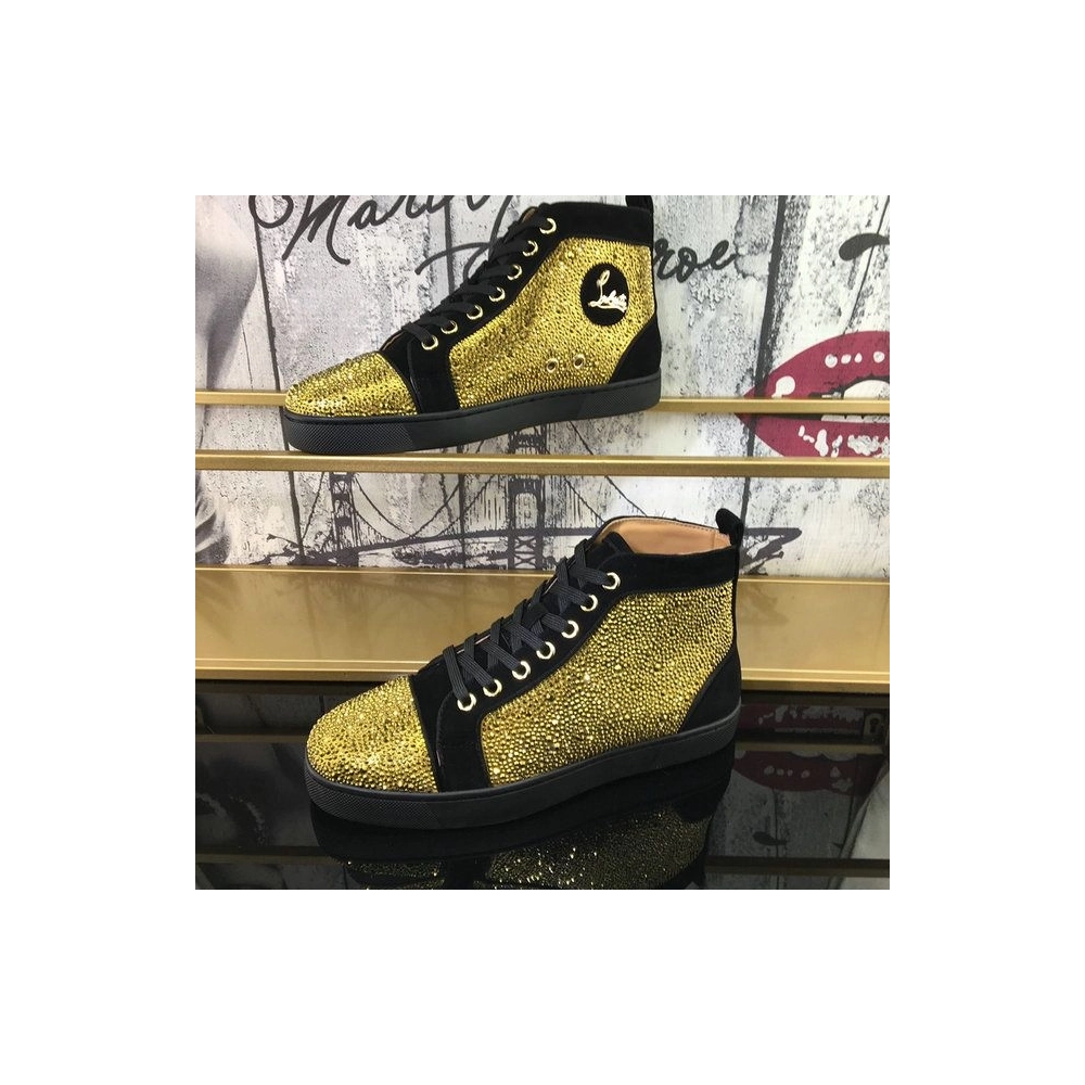 Discount Christian Louboutin Louis Strass Sneakers Suede Calf And Strass Black Gold Outlet