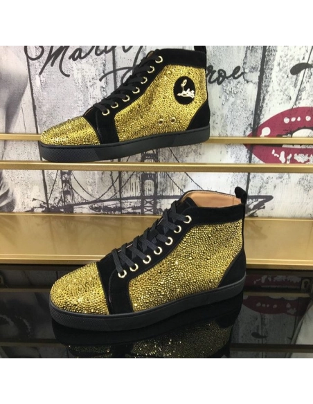 Discount Christian Louboutin Louis Strass Sneakers Suede Calf And Strass Black Gold Outlet