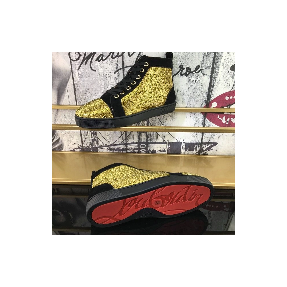 Discount Christian Louboutin Louis Strass Sneakers Suede Calf And Strass Black Gold Outlet