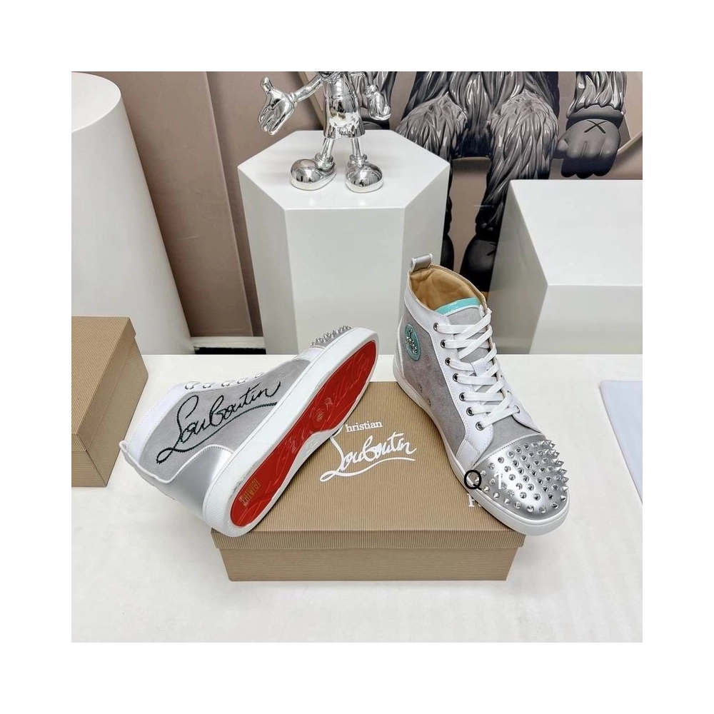 Knockoff Christian Louboutin Lou Spikes High-top Sneakers Leather and Fabric Silver