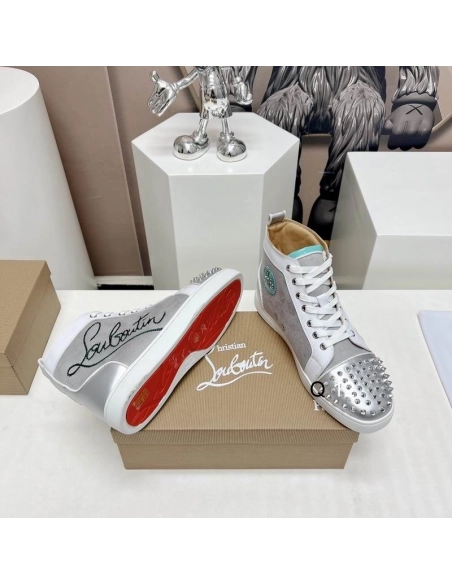 Knockoff Christian Louboutin Lou Spikes High-top Sneakers Leather and Fabric Silver