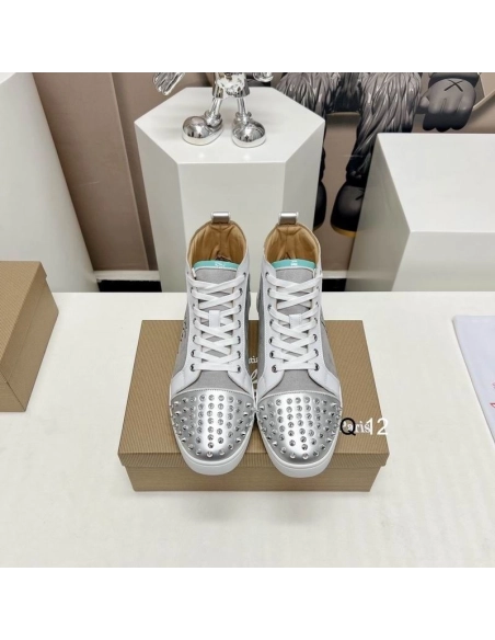 Knockoff Christian Louboutin Lou Spikes High-top Sneakers Leather and Fabric Silver
