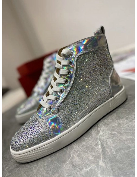 Christian Louboutin Louis Strass High-top Sneakers Iridescent Leather and Strass Silver