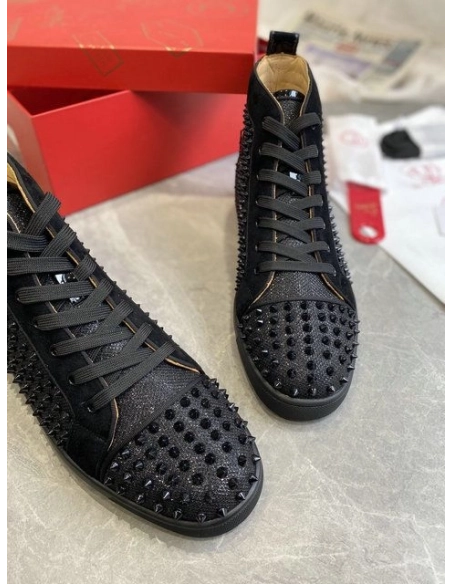 Replica Christian Louboutin Louis Orlato High-top Sneakers Veau Velours and Patent Leather Black