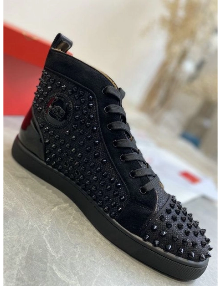 Replica Christian Louboutin Louis Orlato High-top Sneakers Veau Velours and Patent Leather Black