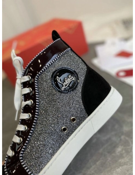 Cheap Christian Louboutin Lou Spikes Orlato High-top Sneakers Patent Leather and Fabric Black Gray for Sale