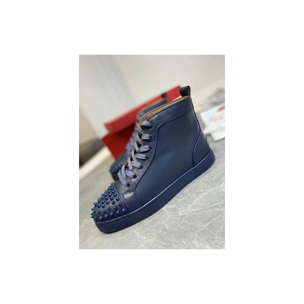 Fake Christian Louboutin Louis Spikes High-top Sneakers Calf Leather Navy Blue
