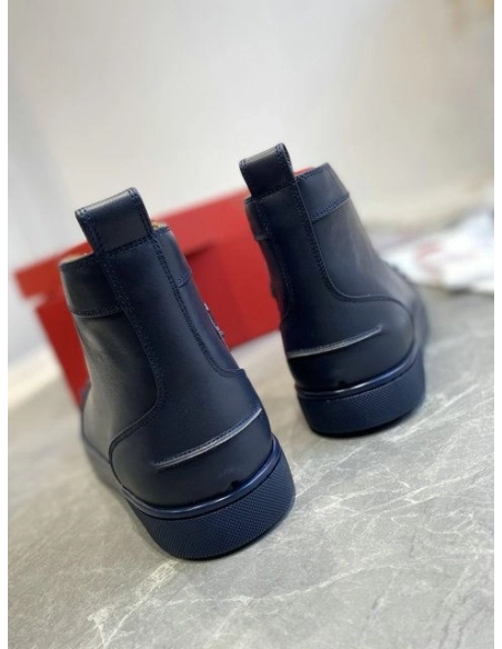 Fake Christian Louboutin Louis Spikes High-top Sneakers Calf Leather Navy Blue