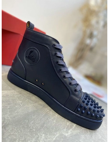 Fake Christian Louboutin Louis Spikes High-top Sneakers Calf Leather Navy Blue