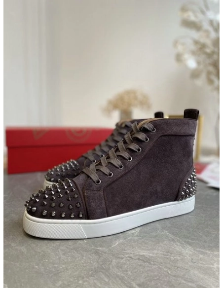 Cheap Christian Louboutin Louis Spikes 2 High-top Sneakers Suede Coffee Sale Online