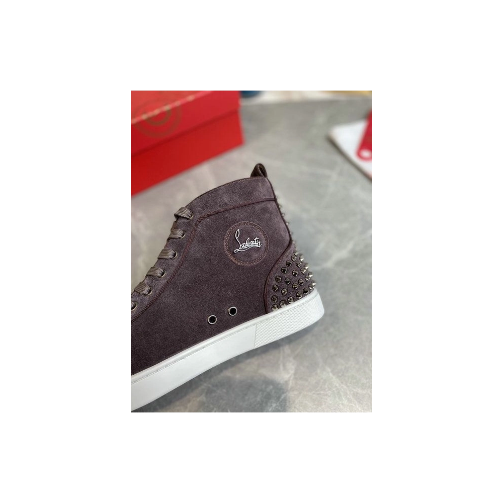 Cheap Christian Louboutin Louis Spikes 2 High-top Sneakers Suede Coffee Sale Online