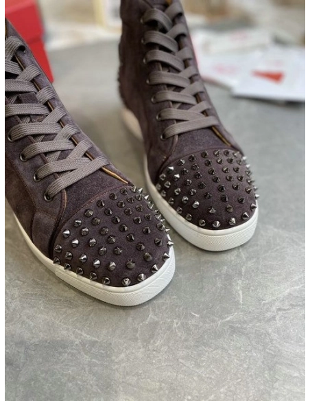Cheap Christian Louboutin Louis Spikes 2 High-top Sneakers Suede Coffee Sale Online