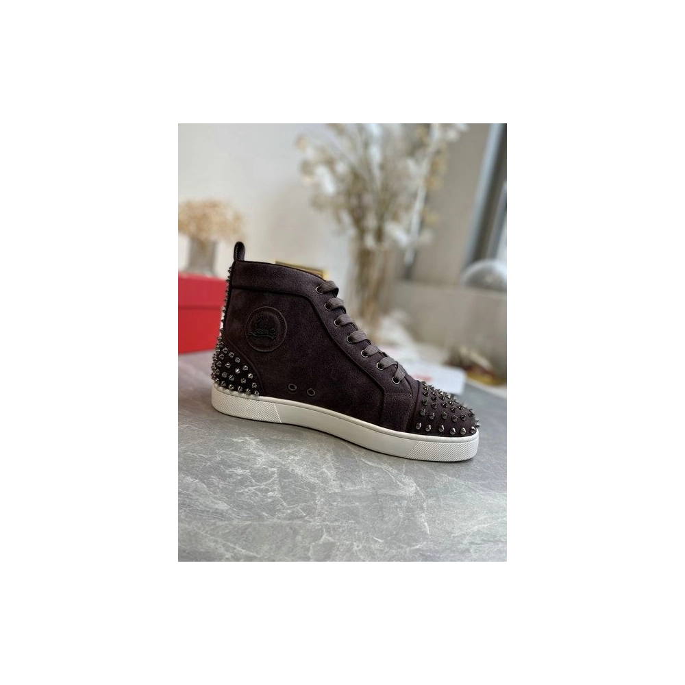 Cheap Christian Louboutin Louis Spikes 2 High-top Sneakers Suede Coffee Sale Online