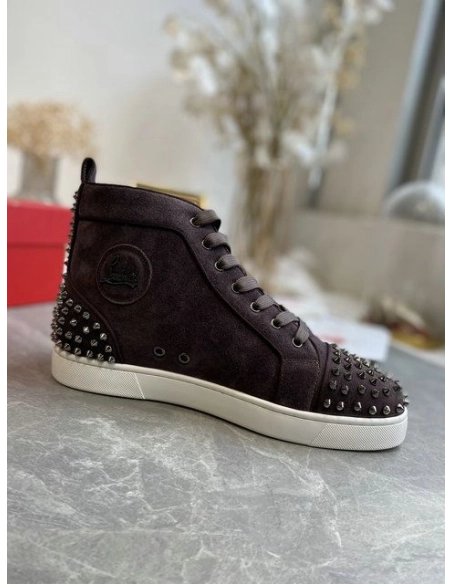Cheap Christian Louboutin Louis Spikes 2 High-top Sneakers Suede Coffee Sale Online
