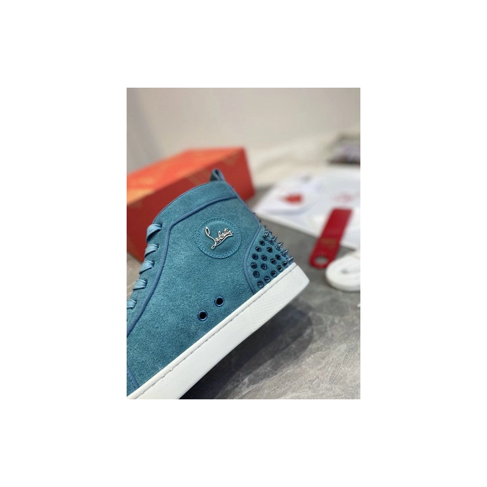 Fake Christian Louboutin Louis Spikes 2 High-top Sneakers Suede Blue, Replica CL Shoes