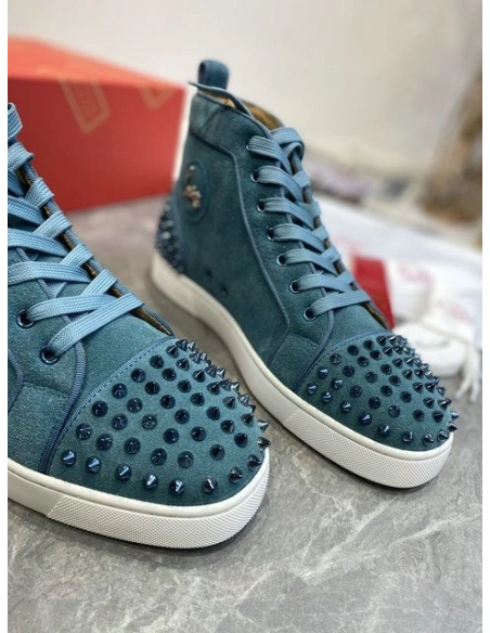 Fake Christian Louboutin Louis Spikes 2 High-top Sneakers Suede Blue, Replica CL Shoes