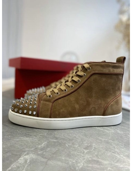 Replica Christian Louboutin Lou Spikes High-top Sneakers Suede Brown, Fake CL Shoes