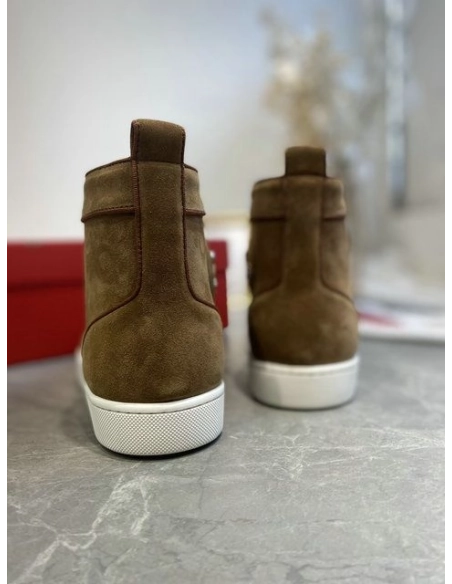 Replica Christian Louboutin Lou Spikes High-top Sneakers Suede Brown, Fake CL Shoes