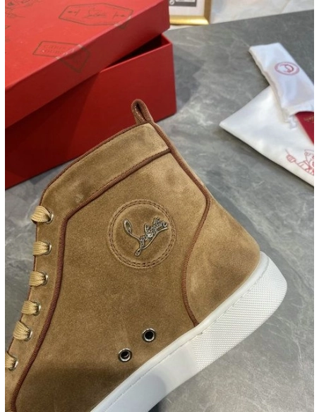 Replica Christian Louboutin Lou Spikes High-top Sneakers Suede Brown, Fake CL Shoes