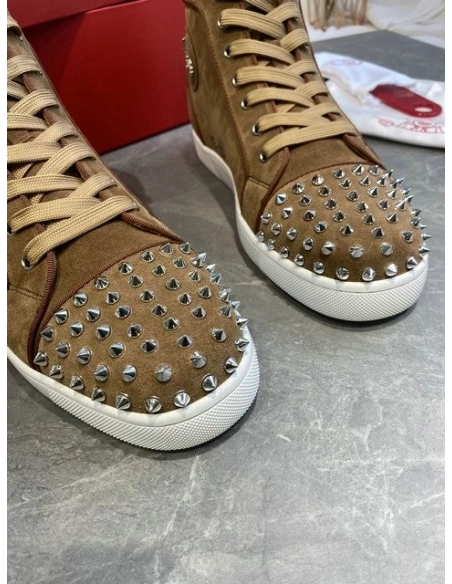 Replica Christian Louboutin Lou Spikes High-top Sneakers Suede Brown, Fake CL Shoes