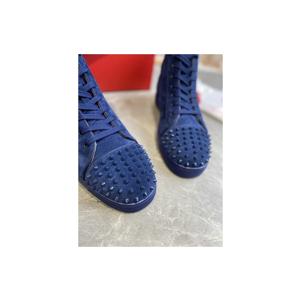 Discount Christian Louboutin Lou Spikes High-top Sneakers Suede Navy Blue Outlet Sale